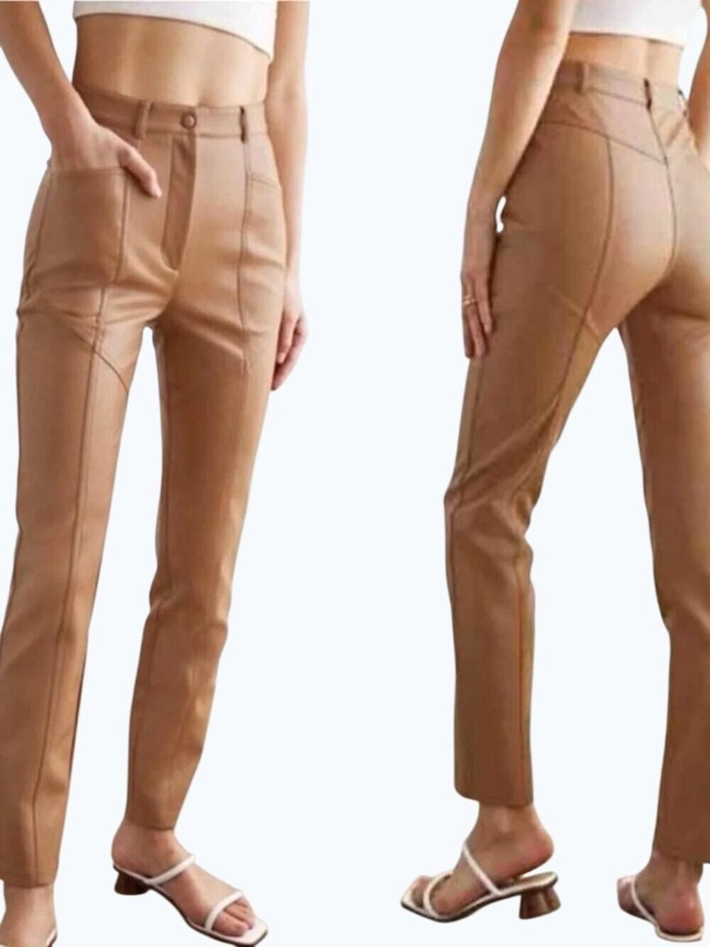 Wilfred Cropped Faux Leather Pants In Tan With A High-Rise Waist Size 00